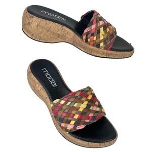 Moda Spana Women's Woven Multicolor Wedge Sandal Brown Pinks Yellow Cream S 7.5